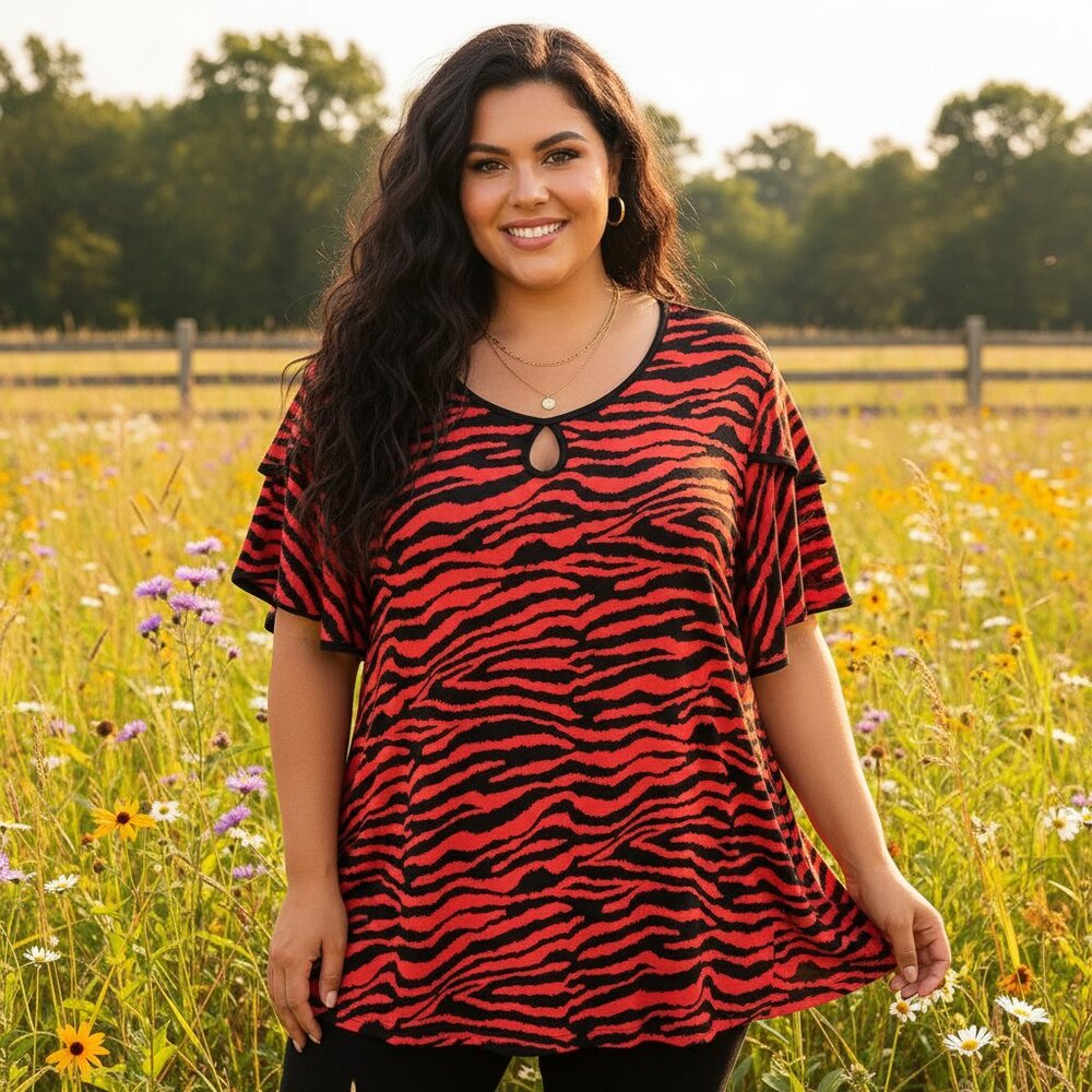 Cato Women's Top 26 28 4X Red Black Stretchy Edgy Animal Boho 90s Y2K Casual Mod